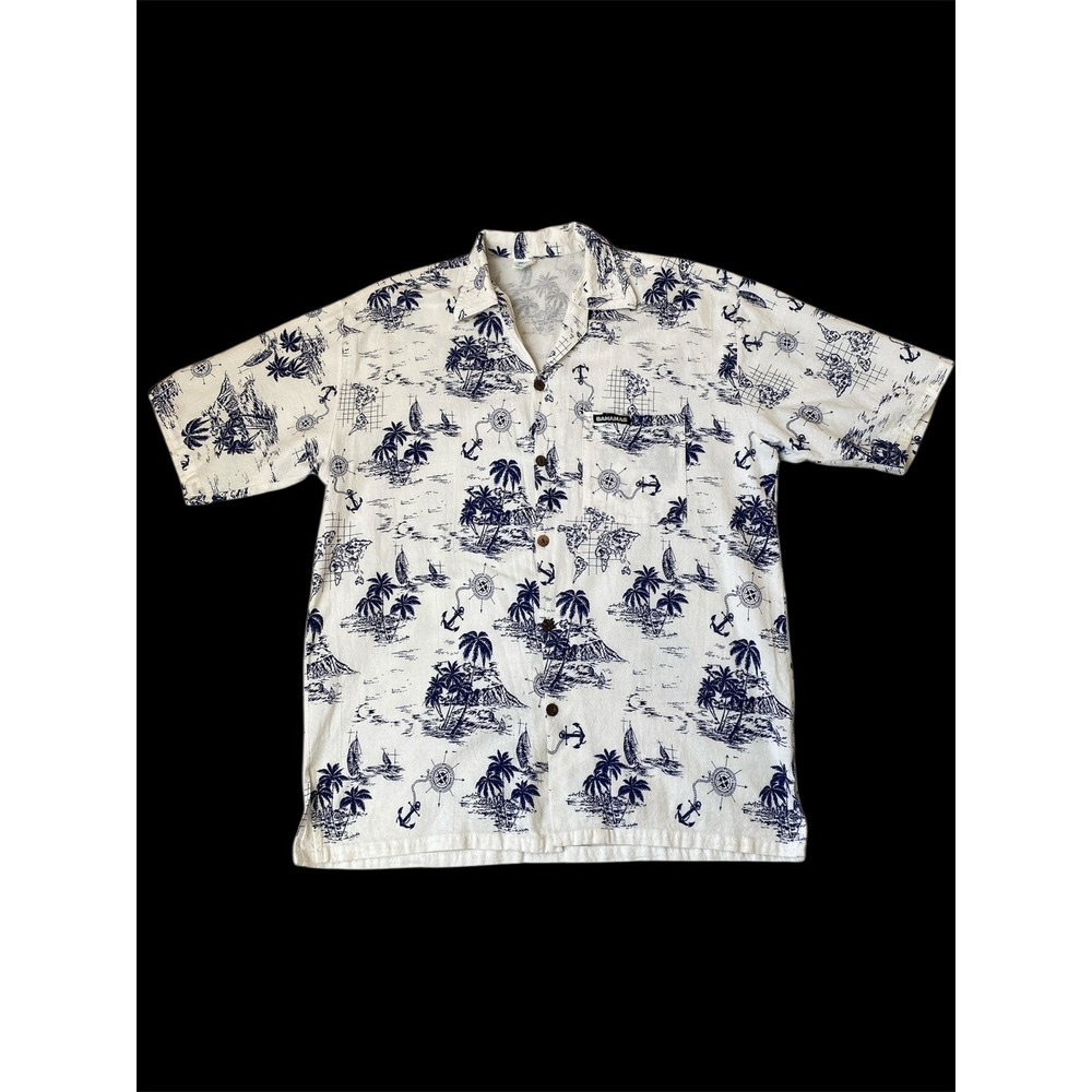 Mens Nautical Anchor Palm Tree AOP Shirt Men 3X White Blue Button Up Coastal